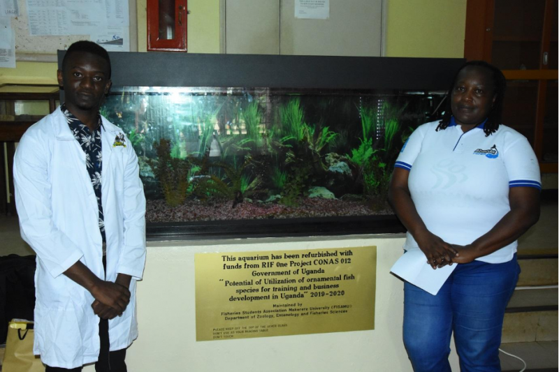 Dr. Juliet Nattabi and Kluivert Namutete at a refurbished aquarium at the Department of Zoology, Entomology and Fisheries Sciences